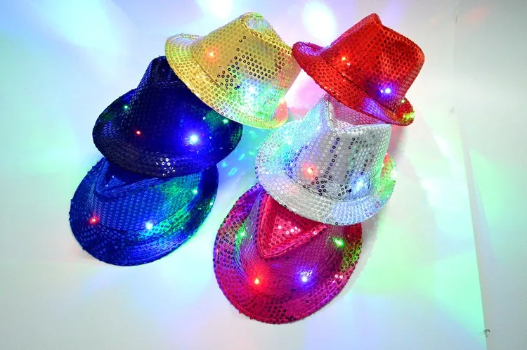 Лидер продаж Светодиодный Фонари ковбойская шляпа Хэллоуин джаз блёстки для взрослых и детей платье для выступлений шляпы для выступлений люминесценции 6 цветов