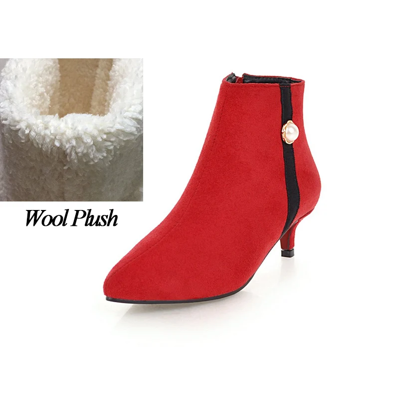

2018 Plus Size Women Ankle Pearl Boots Winter Snow Boots Female Fetish 4cm Kitten Suede Flock Green Red Heels Bootee Cheap Shoes