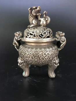 

Chinese decorative manual Miao Silver Copper Carved Dragon Incense Burner