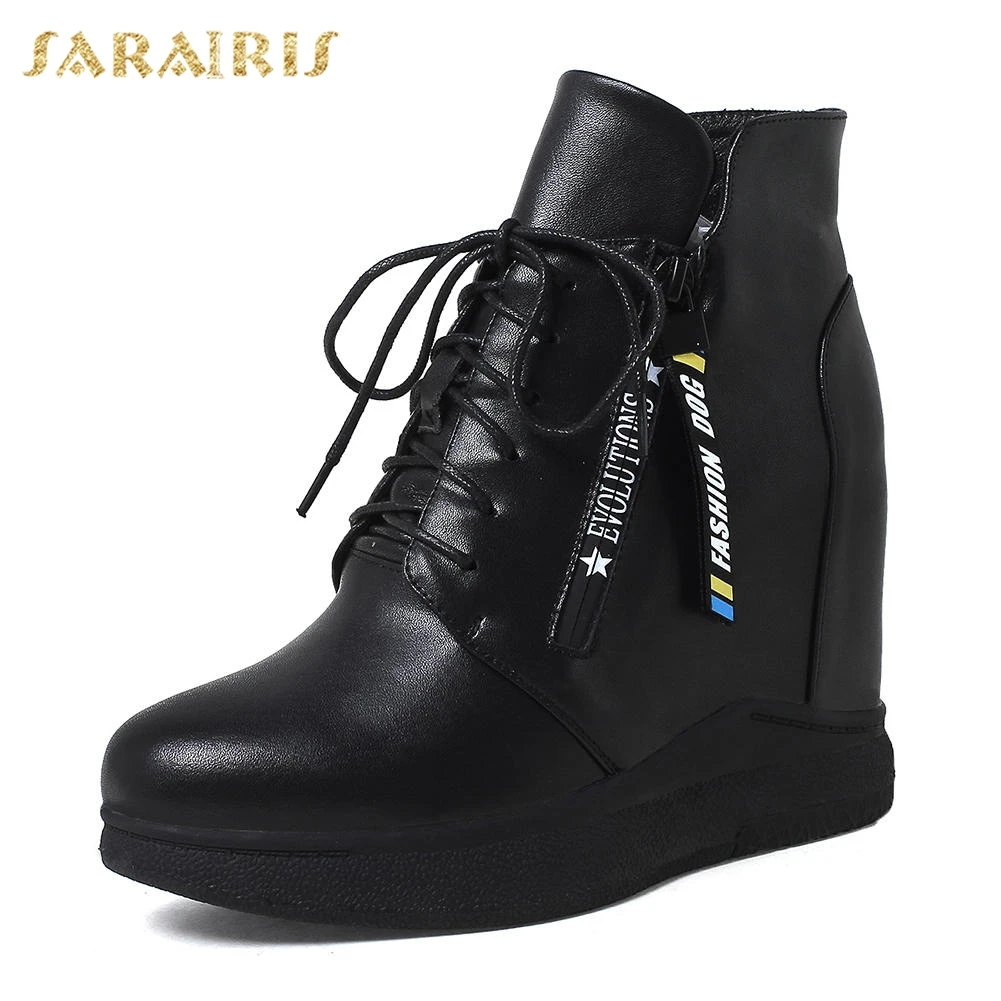 SARAIRIS/ботильоны из натуральной коровьей кожи на танкетке; женская обувь; кроссовки на меху со шнуровкой; женская обувь - Цвет: all black withoutfur