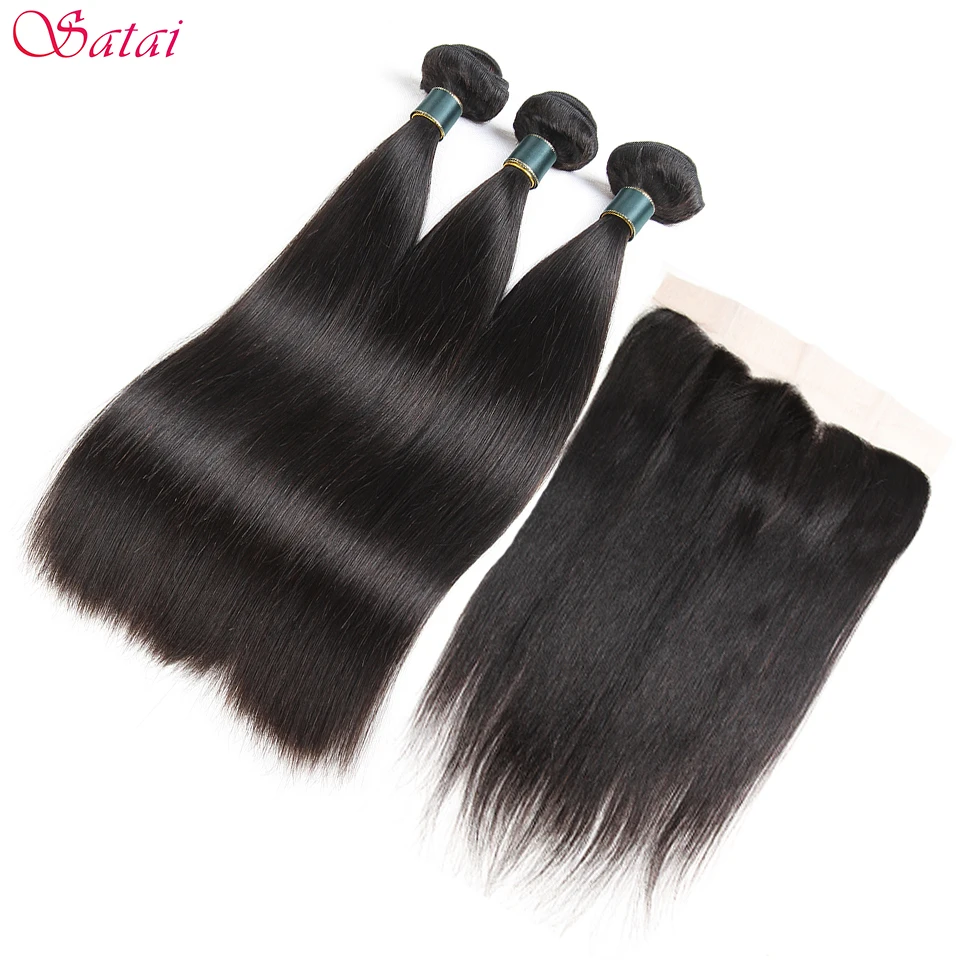 Satai Straight Hair Human Hair 3 Bundles With Frontal Natural Color Peruvian Hair Bundles With Closure Non Remy Hair Extension