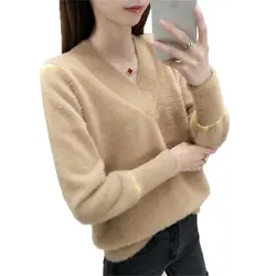 Модный женский свитер с v-образным вырезом, зимний Свободный пуловер, новинка 2018 года, корейский модный короткий пуловер, Женский вязаный