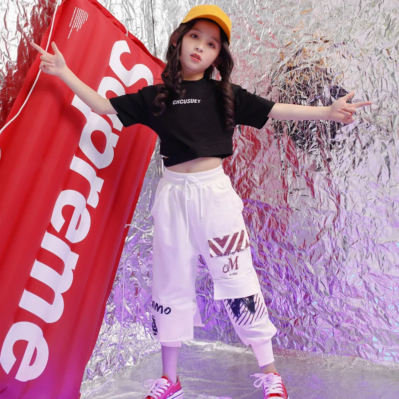Kids Hip Hop Clothing Outfits Jazz Dance Costume for Girls Cropped Tshirt Top Silver Jogger Pants Ballroom Dancing Streetwear