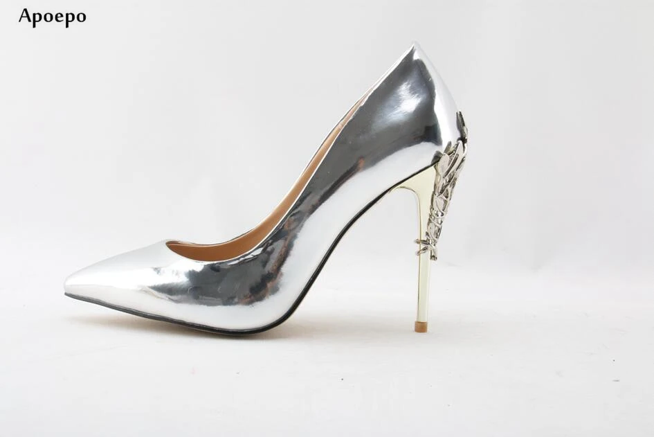

Apopeo Newest Silver Metallic Leather High Heels 2018 Sexy Pointed Toe Stiletto Heels For Woman Slip-on Dress Heels Shoe