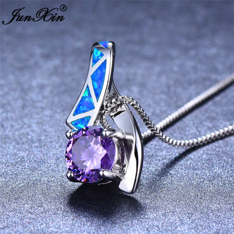 

Cute Female Small Purple Round Pendants Necklaces Boho Blue White Fire Opal Necklace Fashion 925 Sterling Silver Wedding Jewelry