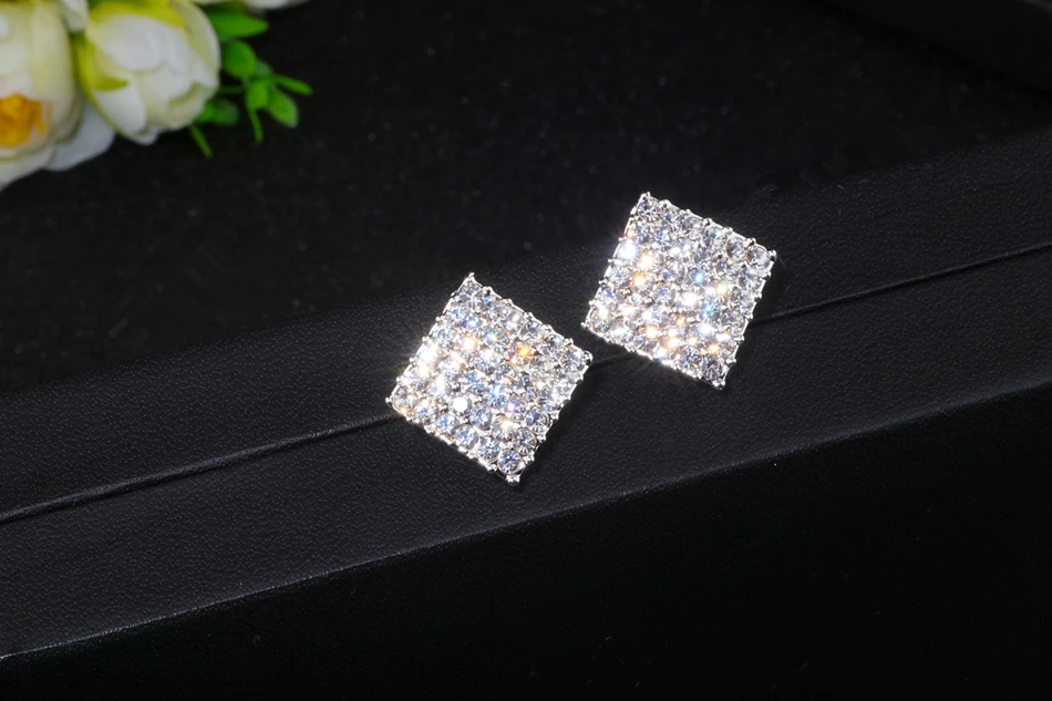 Новые свадебные ювелирные изделия дизайн серебряный цвет простые квадратные серьги с кристаллом Модные женские массивные серьги-гвоздики ювелирные изделия WX067