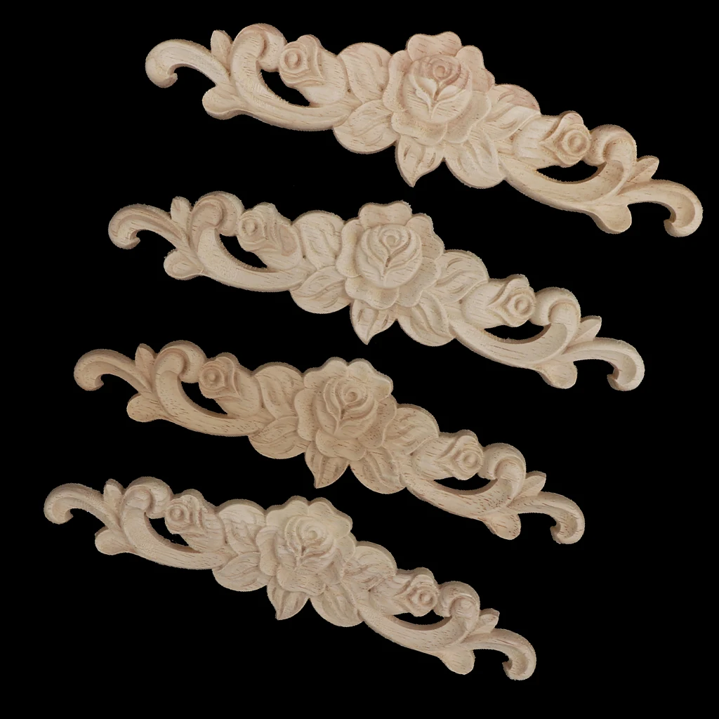 4pcs Retro Unpainted Floral Wood Carved Decal Corner Applique Frame For Home Furniture Wall Cabinet Door Decor