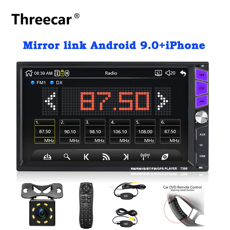 

2 din car radio 7" HD Touch Screen Player mirrorlink Android 9 iphone MP5/SD/FM/MP4/USB/AUX/Bluetooth Car Auto Audio For Camera