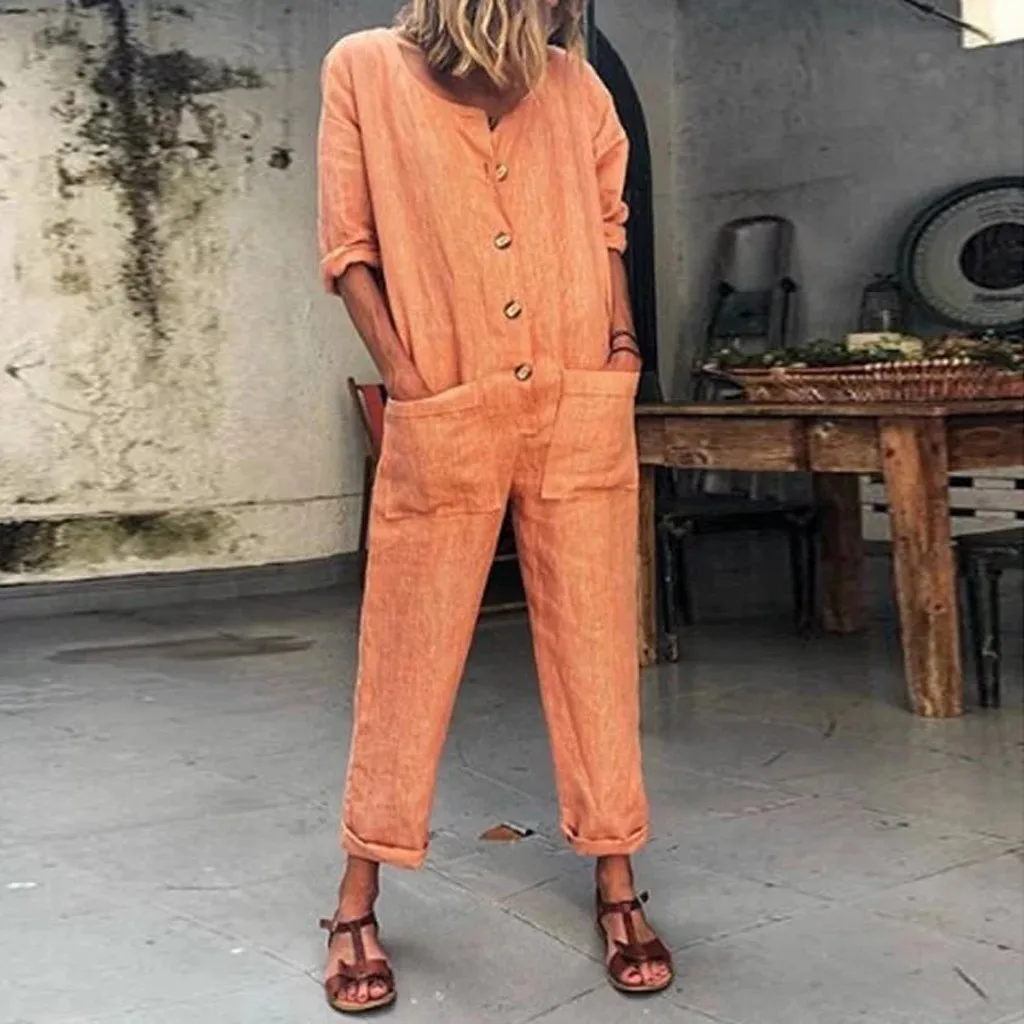 FeiTong Fashion Woman Summer Casual Solid Color Button Cotton And Iinen Long Jumpsuit Playsuits Women's Clothing
