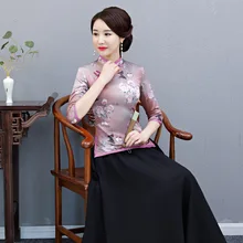 Традиционная китайская женская рубашка с воротником-стойкой, Классический женский топ с цветочным принтом, элегантная одежда для вечеринок, осенняя атласная блузка
