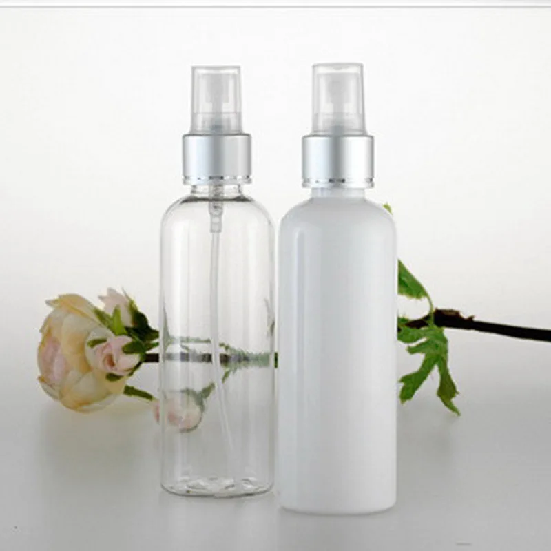 

10pcs/lot 100ml Empty Spray Bottle Anodized Aluminum Nozzle Round Shoulder Plastic Bottle Atomizer Perfume Liquid Bottle Travel