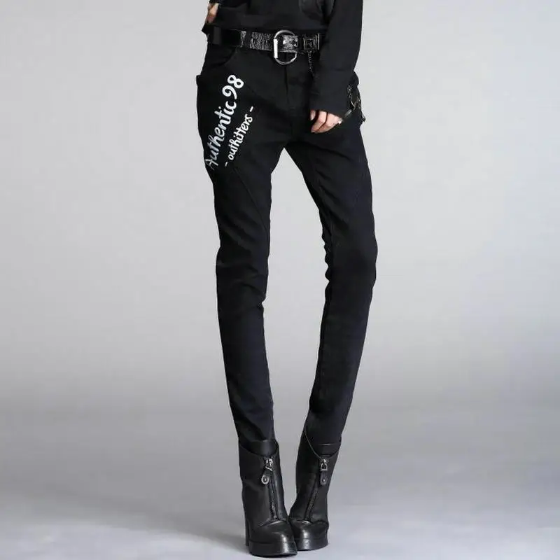 

LYFZOUS New Letter Printing Jeans Harem Pants Women Cool Zipper Skinny Denim Pencil Pants Casual Punk Rock Trousers For Woman