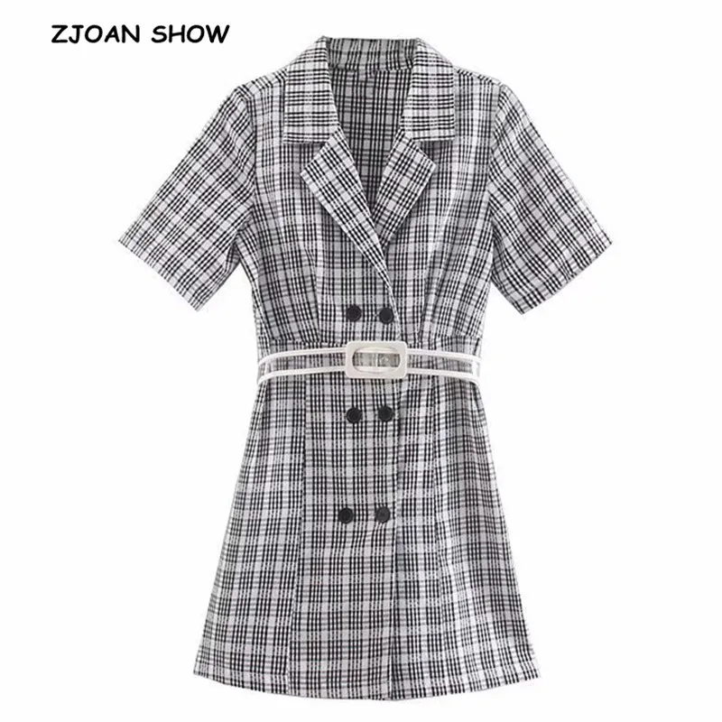 

2019 Vintage Gingham Check Plaid Dress Retro Double-breasted Button Notched Collar Short Sleeve Mini Short Dresses Vestido Belt