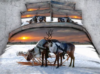 

JF-376 Nordic style sunset reindeer and snow field printed bedding sets king size 4pcs blanket cover set