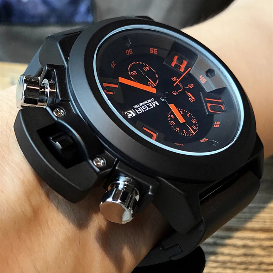Acheter Hommes Chronographe Montres Top Marque De Luxe Megir Hommes Militaire Sport Montre Bracelet Bracelet En Silicone Quartz Montre Relogio Masculino