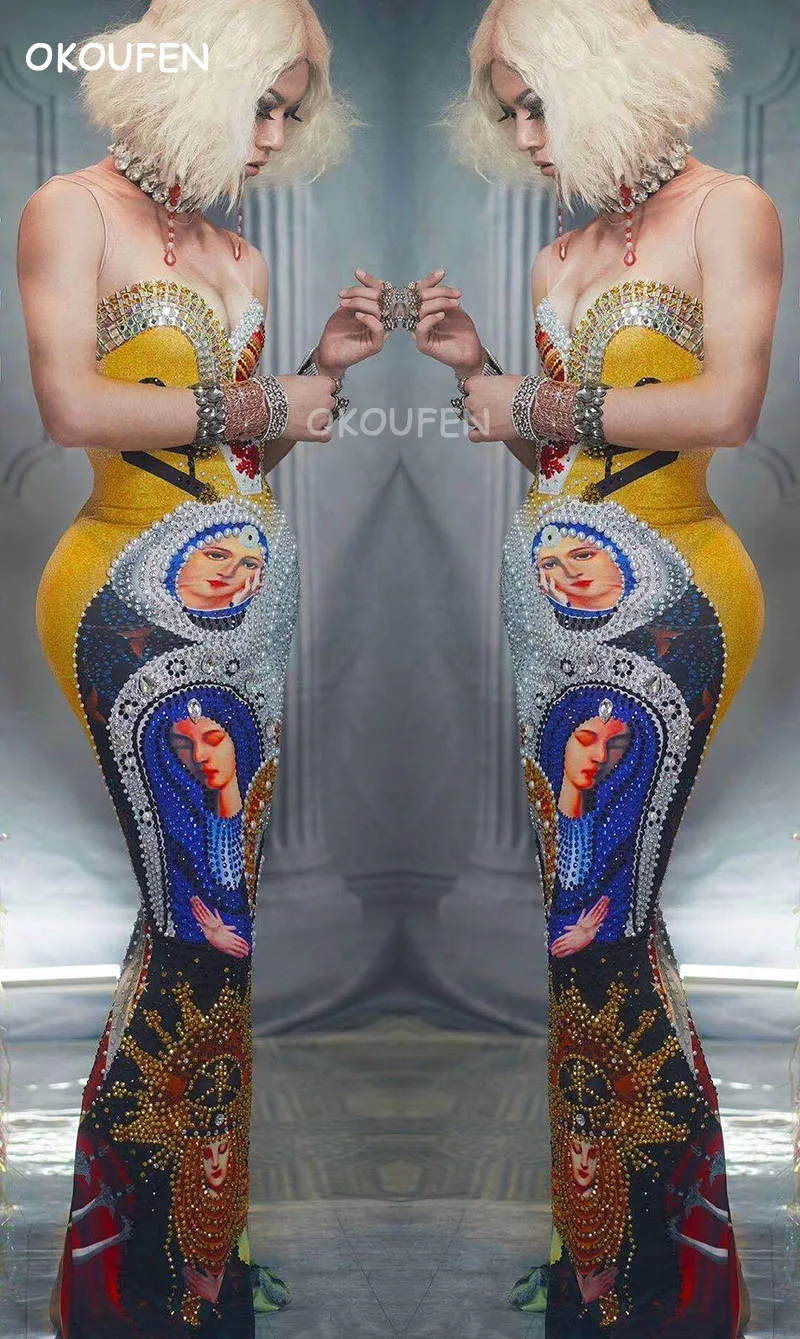 

Car model host female singer color rhinestone package hip slender stretch fishtail skirt evening dress stage costume female