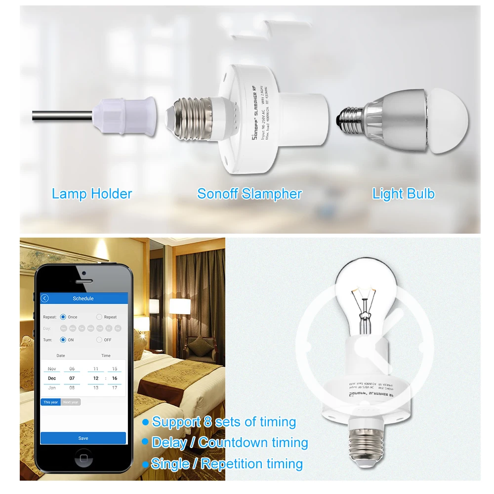 Sonoff Slampher 433MHz RF беспроводной контрольный светильник E27 умный дом Универсальный WiFi светильник лампочка держатель для Alexa дома