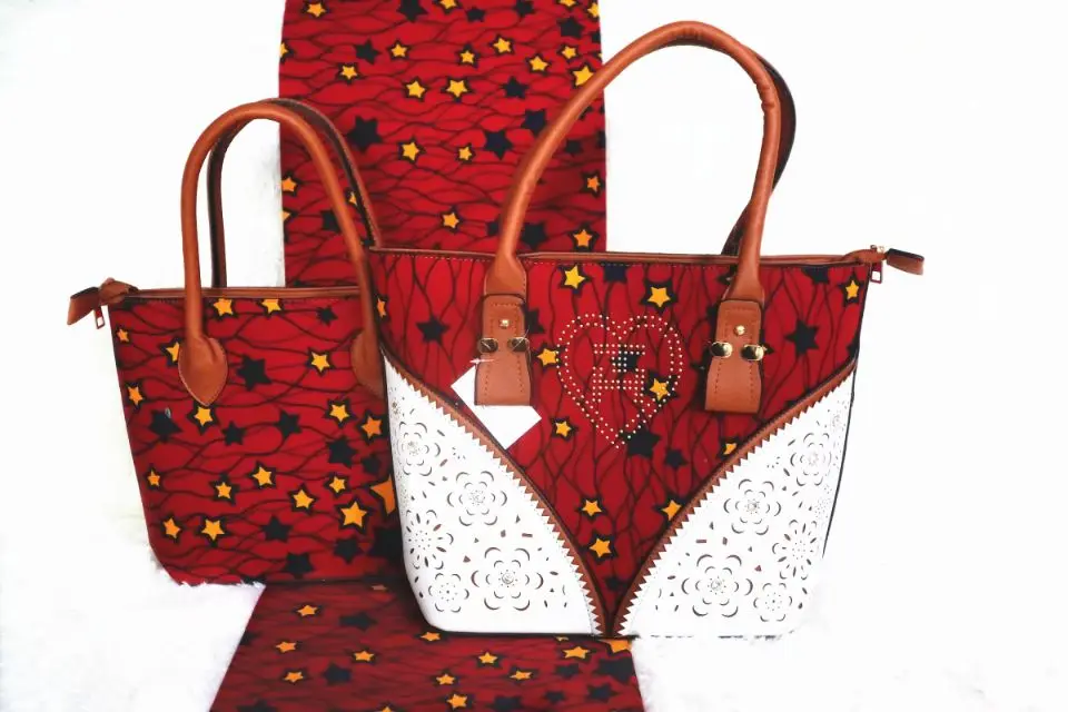 

6Yards Gorgeous printed stars pattern red background hollandais batik wax match african two big handbag set for dress XB24