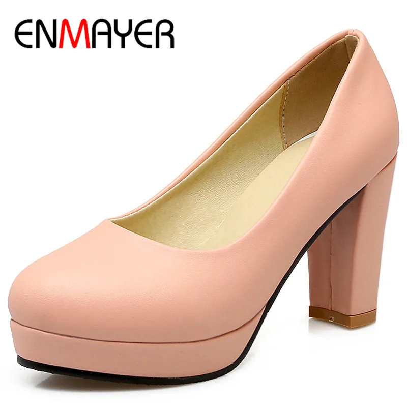

ENMAYERW Spring Autumn Casual Women Pumps Shoes Round Toe Square Heel Slip-On Platform Large Size 34-45 Blue White Pink