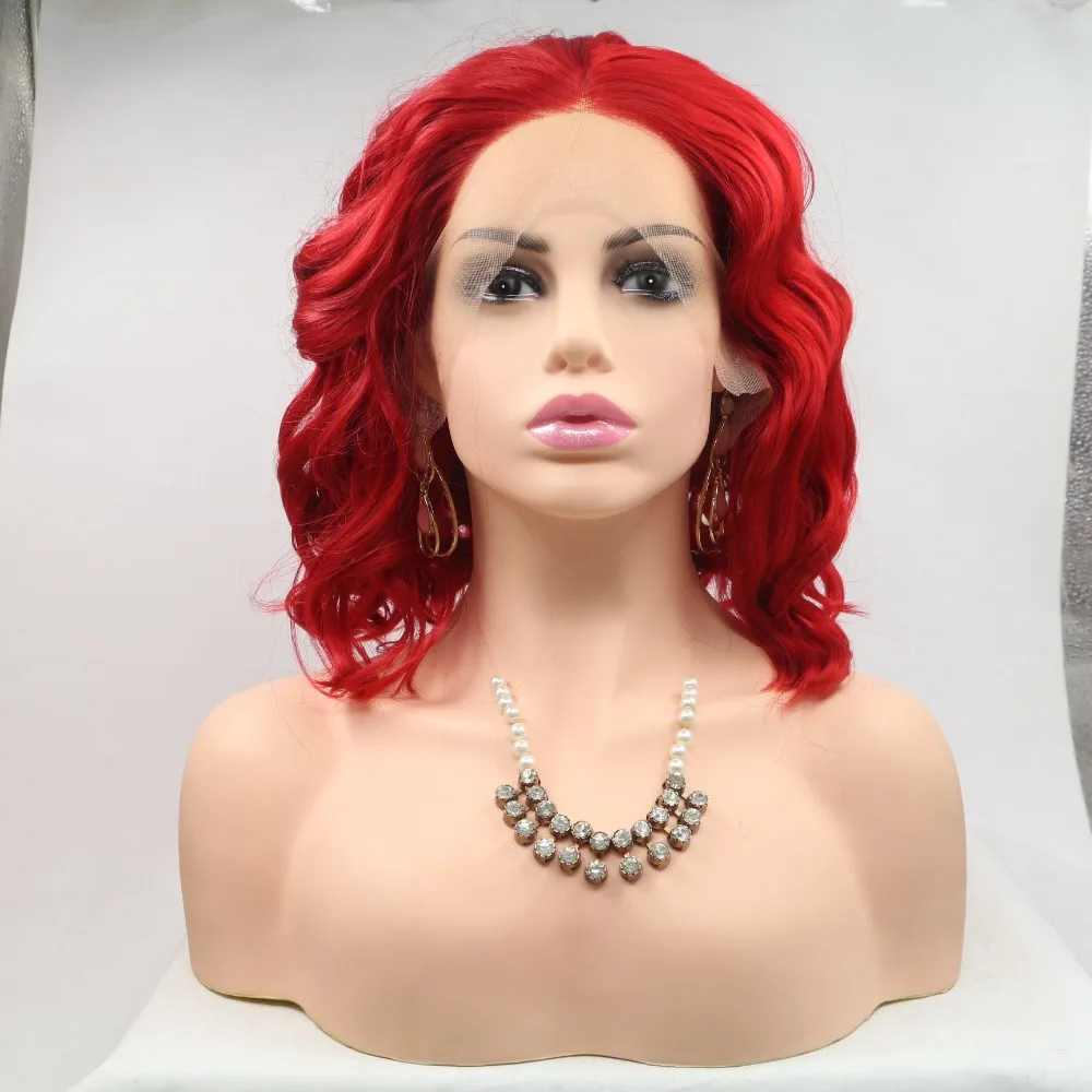 Фэнтези Красота Красный Короткие вьющиеся Синтетические волосы на кружеве парики для Для женщин с боковой челкой синтетического вьющихся Волнистые волосы парики термостойкие