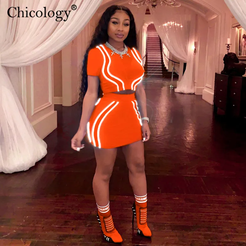 

Chicology reflective stripe top mini skirt women matching 2 two piece set 2019 summer female sexy co ord clothes festival outfit