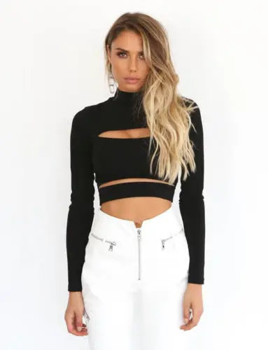 

Women Sexy Long Sleeve T-shirt Solid Black Tops Ladies Hollow Casual Turtleneck Clubwear Party Top