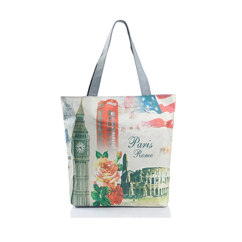 

Paris Rome Printed Canvas Tote Female Single Shopping Bags Large Capacity Women Canvas Beach Bags Casual Tote Feminina MB061
