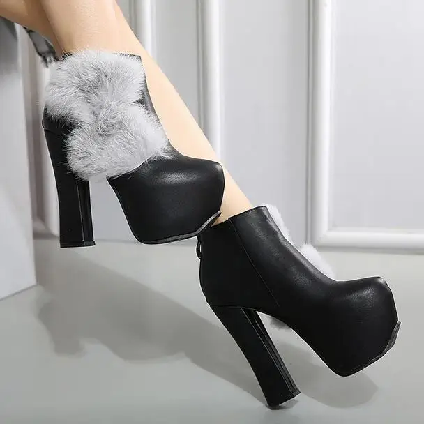 

MANMITU10-Free ShipingNEW Vogue Winter Shoes Women Ankle Boots Fuzzy Bowtie Fashion Heeled Short Boot Botas Round Toe Thick Heel