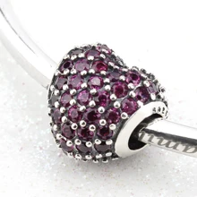 Трендовые 925 пробы Серебристые подвески в форме сердца с фиолетовыми фианитами и заклепками, европейский браслет с бусинами, ювелирные изделия для женщин, подарок