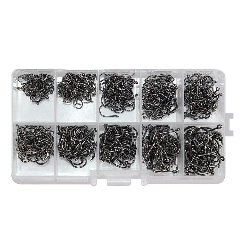 BMDT-500Pcs/коробка для рыболовных крючков 10 размеров 3#-12# крючки из высокоуглеродистой стали с отверстием для ловли карпа черный