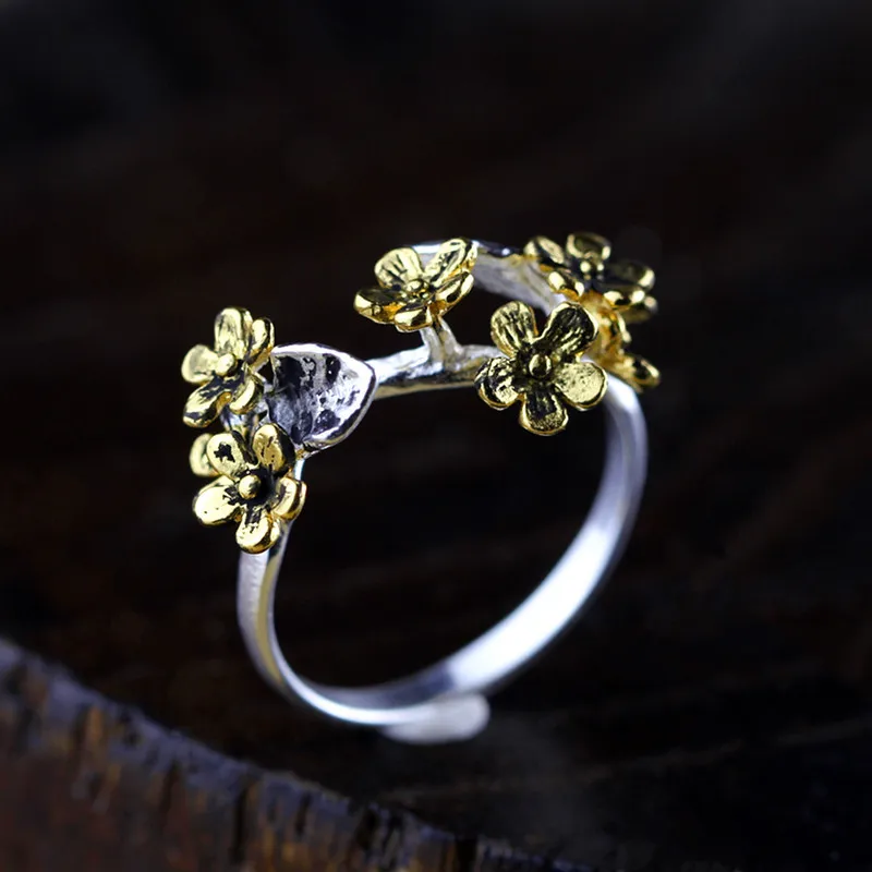 

Thailand Chiang Mai Handmade Silver plum blossom ring,Glod Colour Flower Silver Ring For Women Christmas Gift Freeshipping