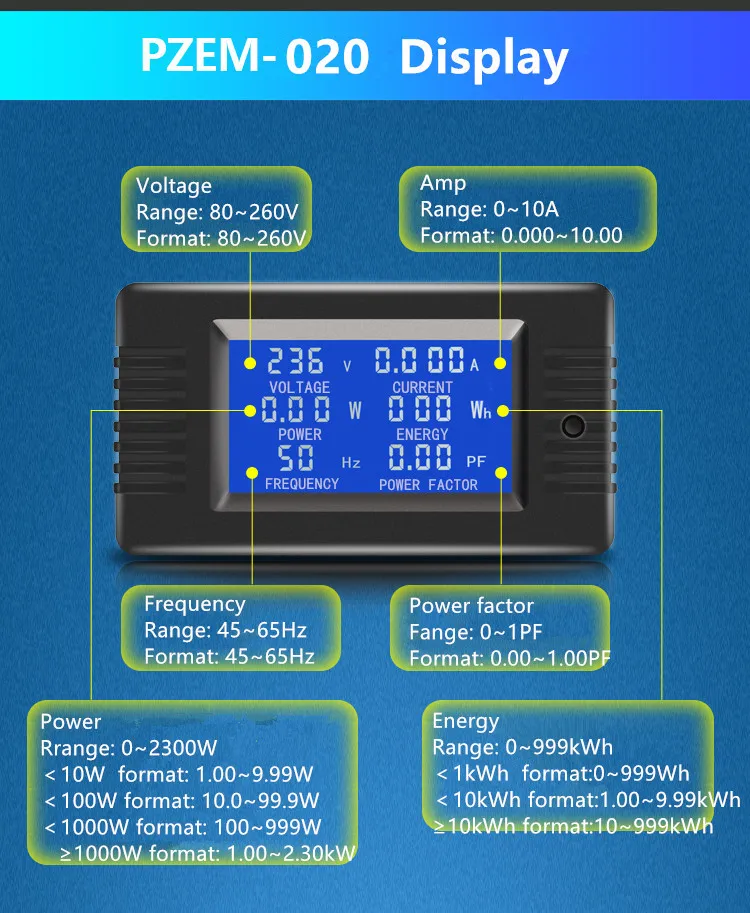 Peacefair PZEM-020 однофазный 6 в 1 Цифровой вольтметр переменного тока Амперметр мощность энергии коэффициент мощности частотомер высокая точность