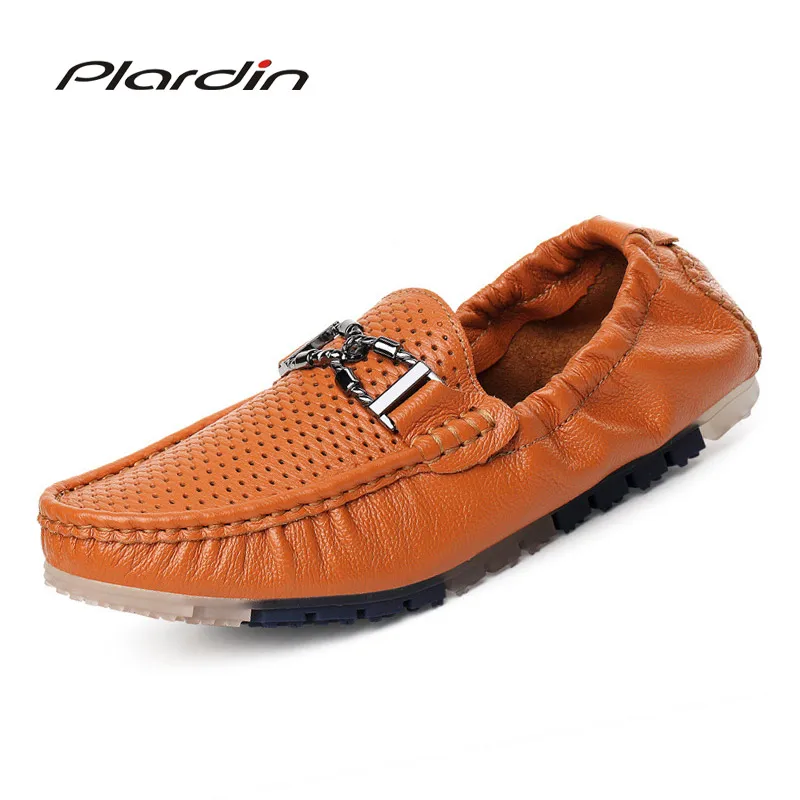 

Plardin Brand Fashion Casual Cutouts soft Comfortable Men Loafers High Quality Metal Decoration Genuine Leather Shoes Man Flats