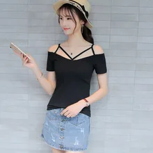 Женская футболка Топ с открытыми плечами Летняя Повседневная футболка женская футболка с вырезом лодочкой женская одежда Camisetas Mujer футболка Femme