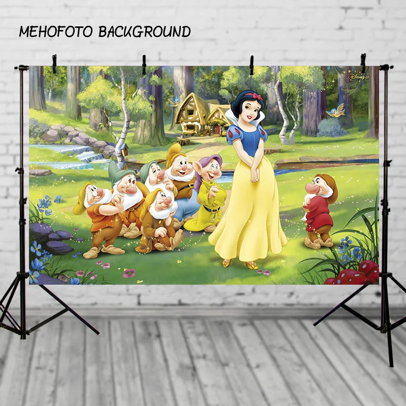 

Customized Birthday Backdrop Cartoon Fairy Princess and Seven Dwarfs Background Art Fabric Photography Backdrop Background G-052