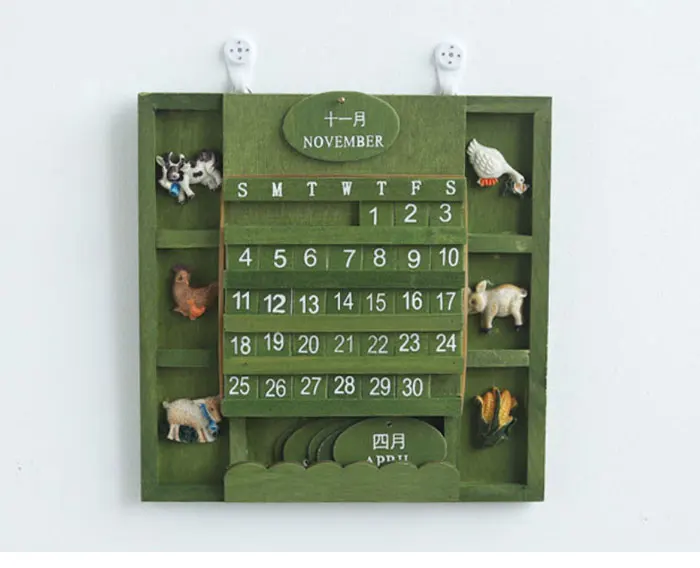 Креативный винтажный календарь, 1 набор, ручной работы, деревянное домашнее украшение, подвесная стена, сделай сам, милые животные, деревянный вечный настенный календарь, зеленый