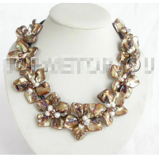 

hot& 18" leather handcraft bloom coffee seashell white pearls necklace E152@^Noble style Natural Fine jewe FREE SHIPPING -o1