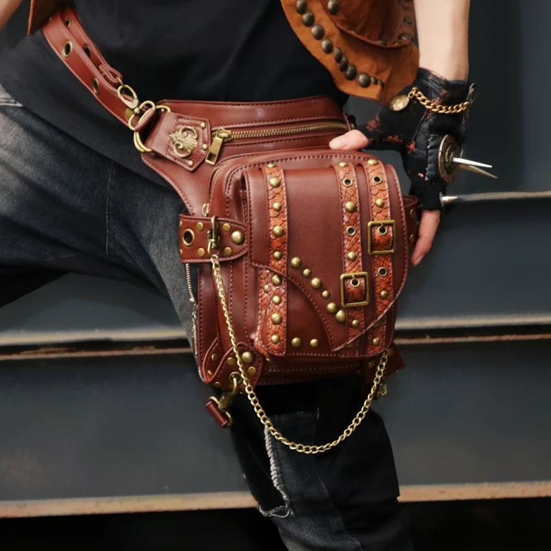 Gear Duke Steampunk Waist Pack Bag Retro Rock Gothic brown Fanny Bag Pack Shoulder Bag Vintage Men Women Leather Leg Bag