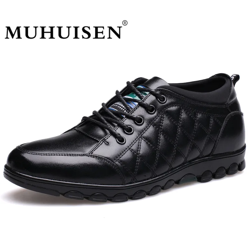 

MUHUISEN Casual Shoes Men Genuine Leather Hidden Heels Height Increasing 5CM Lace-Up Flats Male Fashion Comfortable Walk Shoes