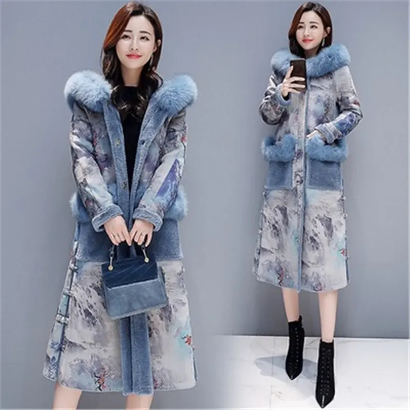 

2019 New winter retro print plus velvet thick fur one coat female long section over the knee wool coat 675