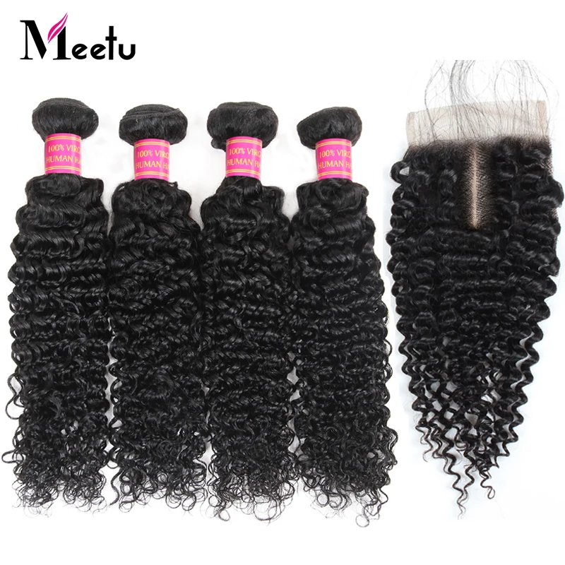 

Meetu Kinky Curly Bundles with Closure Brazilian Hair Weave Bundles With Closure Non Remy 4PCS Human Hair Bundles with Closure