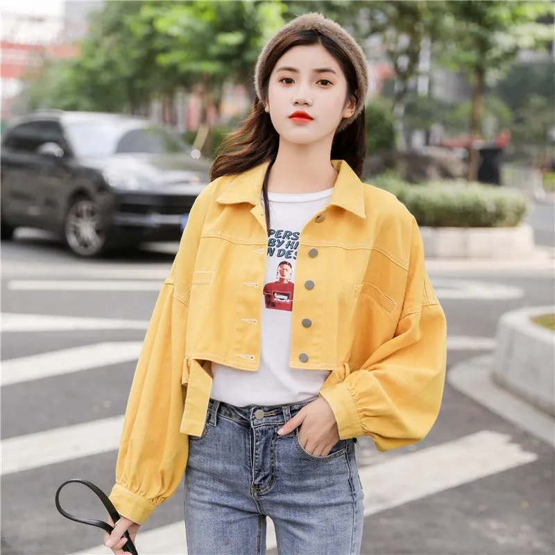 2019 Autumn Women Long Sleeve Denim Crop Jacket Loose Single Breasted Jean Jackets Female Red Yellow White Coats |