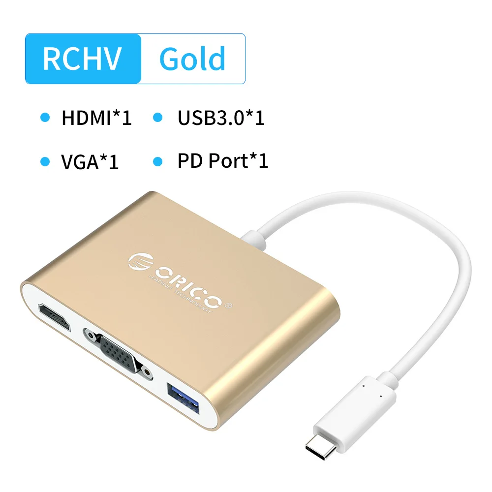 ORICO USB C концентратор тип-c к мульти USB3.0 HDMI/VGA/RJ45/SD TF кардридер разветвитель PD зарядный адаптер док-станция для ноутбука Macbook Pro - Цвет: RCHV Gold