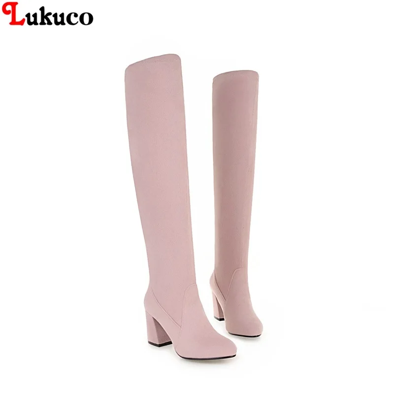 

Lukuco Warm Lady Flock Leather Women Knee High Boots Slip On Sexy High Heels Women Shoes Lace Up Winter Boots Warm Size 34-48