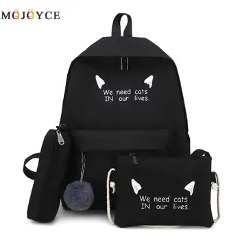 

4pcs/set Cartoon Printing Canvas Women Backpack Hairball Pendant Mochila Feminina sac a dos