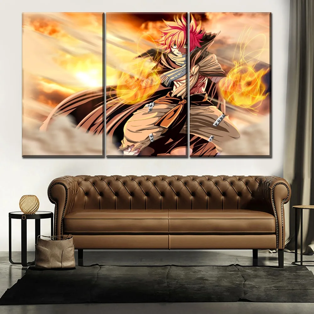 

Home Decor Canvas Painting 3 Pieces Anime Fairy Tail Fire Natsu Dragneel Picture Wall Art Print Modular Poster For Living Room