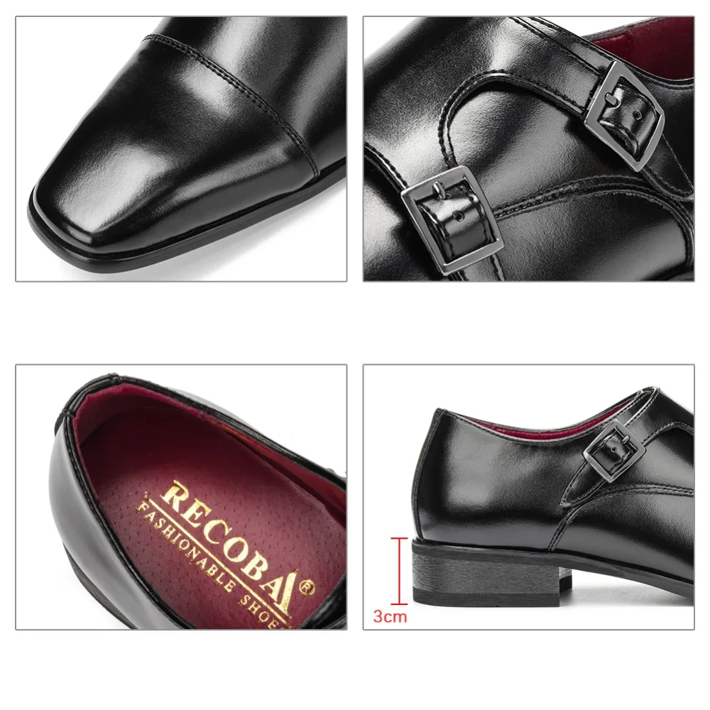 Men leather shoes luxury brand genuine leather dress formal shoes black double monk buckle straps mens wedding shoes 7