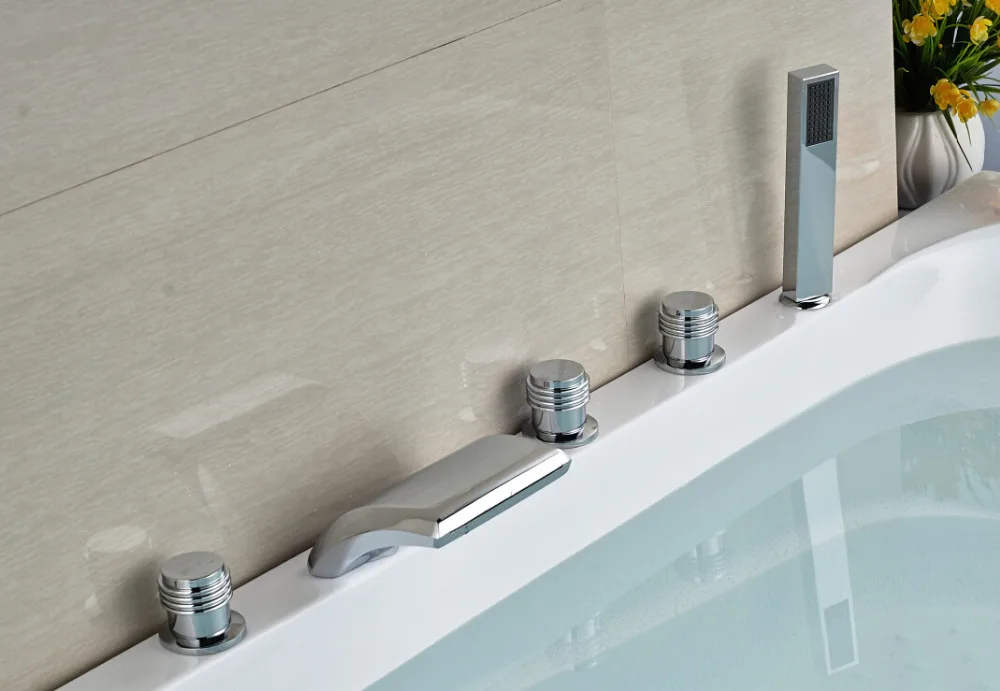 

Chrome Finished Deck Mounted Bathroom Waterfall Shower Faucet With Hand shower Mixer Tap