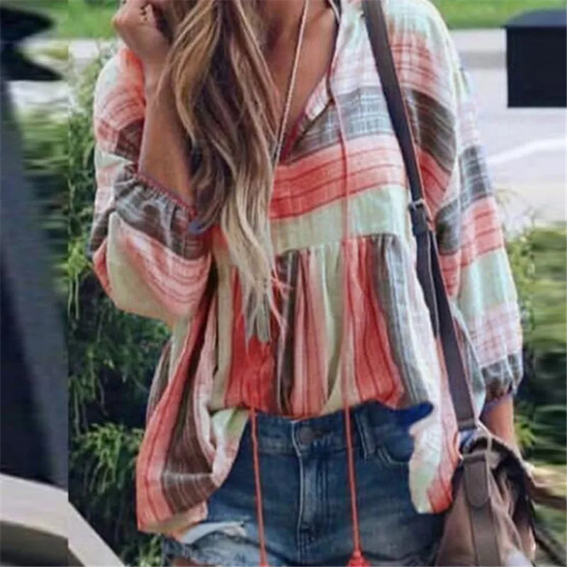 

Stripe Tassel Women Blouses Flare Sleeve Drawstring Lady Tops V-Neck Spring Boho Kimono Womens Shirts 5XL Plus Size Clothing