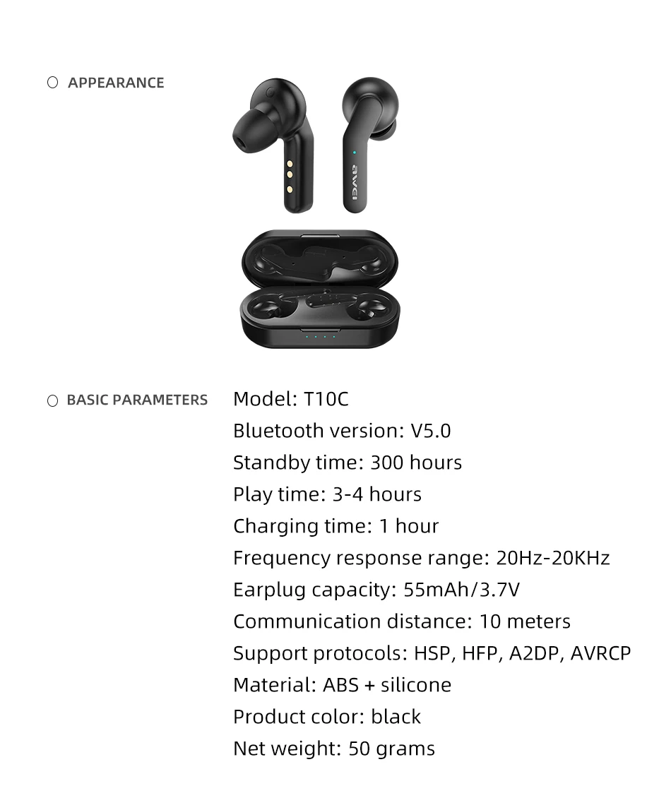 AWEI T10C TWS 5,0, IPX4, Bluetooth, настоящие беспроводные наушники, сенсорное управление, шумоподавление, регулятор громкости, супер бас, звук с микрофоном